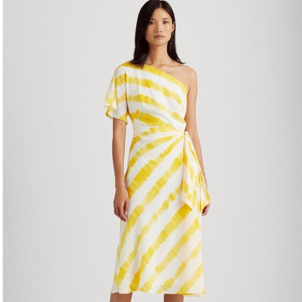 Lauren Ralph Lauren yellow & white one shoulder faux wrap sundress size 6 P-6
